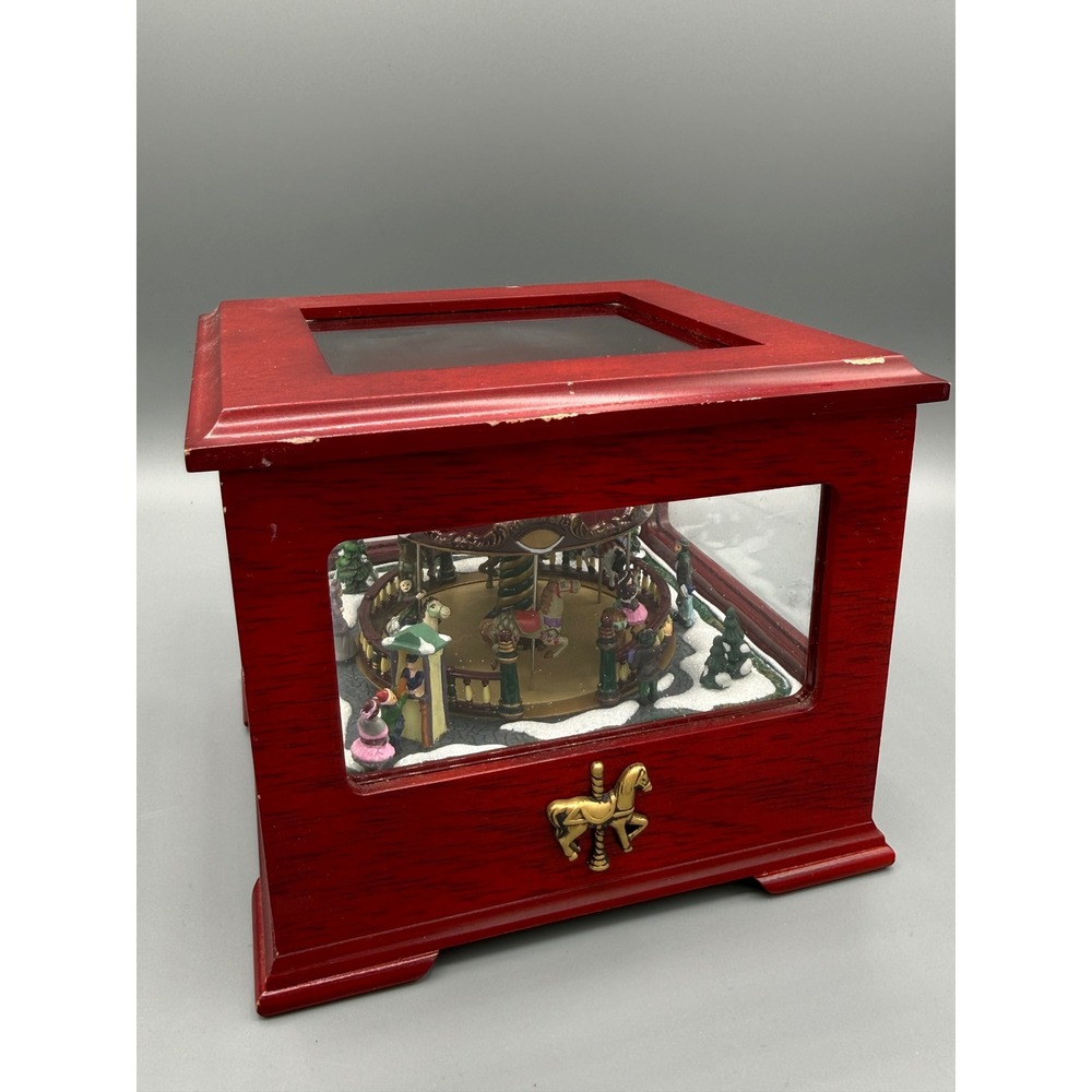 Mr. Christmas Showcase Music Box Carousel Wood Glass Wind Up P30 06 Red